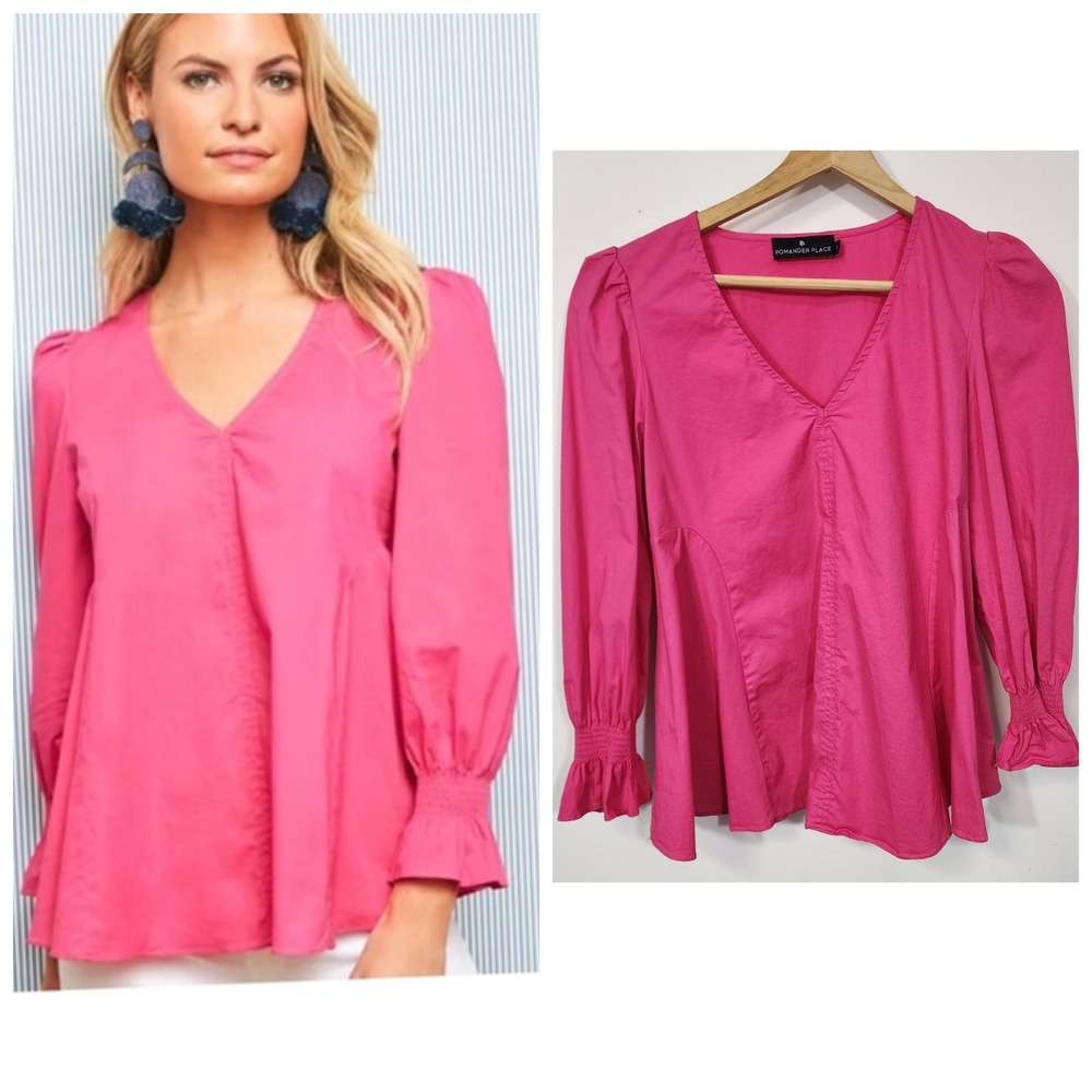 Tuckernuck Pomander Place Easton Blouse Pink‎ Puff Sleeve V-Neck Smocked Cuffs S